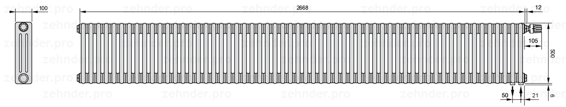 Схема (чертеж) Радиатор Zehnder Charleston 3050/58 №V002 Белый глянцевый RAL 9016